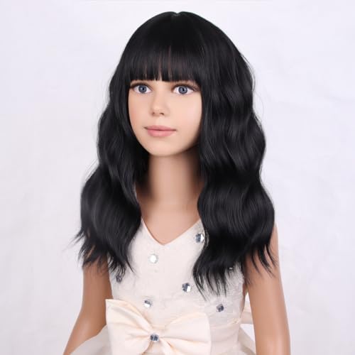 Image of PATTNIUM Black Kids Child Wig Shoulder Length Black Wavy Wigs with Bangs for Gilrs Heat Resistant Synthetic Girls Wig Daily Wear Wigs