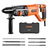 VEVOR Rotary Hammer Drill, 1-1/8 in SDS-Plus Electric Corded Heavy Duty Rotary Hammer, 4 Functions, Including 3 Drill Bits, Flat Chisel, Pointed Chisel, and Carrying Case, for Concrete and Masonry