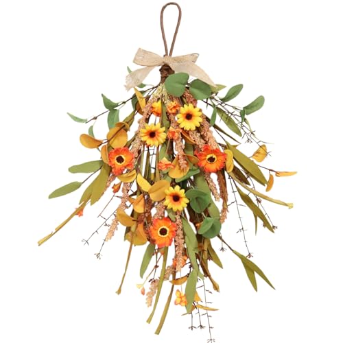 CCUUHJ 20 Fall Floral Teardrop Swags for Front Door Artificial Sunflowers Daisy Lavender Swag Wreath Eucalyptus Hanging for Farmhouse Kitchen Cabinet Home Decor (Orange)