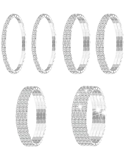 FDCGAS 6 Pièces Bracelets Extensibles,Bijoux de Bracelet Empilables,Strass Bracelet de Tennis Bracelet Empilable en Strass en Argent Bijoux de Mariage pour...