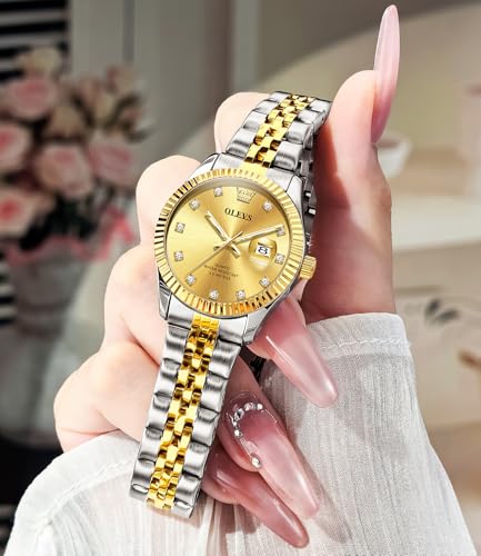 Image of OLEVS Gold Watches for Women Original Luxury Small Square Diamond Wrist Watch Analog Quartz Stainless Steel Waterproof Stylish Ladies Watch Date
