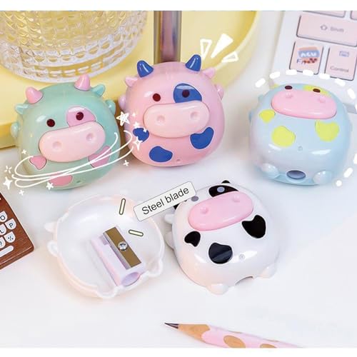 4 Pcs Cute Pencil Sharpener Cartoon Cow Pencil Sharpener Small Manual Pencil Sharpener Kawaii PVC Sharpener Stationery School Office Supplies (4Pcs Cow)