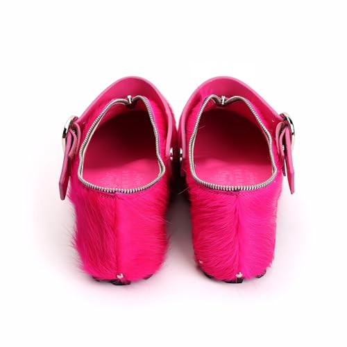 Image of XOBZJH Women's Natural Cow Print Fur Platform Clogs with Decorative Zipper & Adjustable Buckle Strap - Western Slip-On Punk Rivet Mules with Arch Support, Chunky Retro Rustic Style