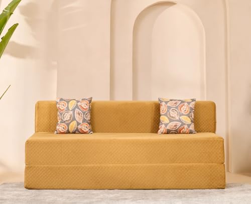 Image of uberlyfe Xtra High, Xtra Soft 3 Seater (6' x 6') Sofa Cum Bed | 1 Year Warranty| 17 inch Sofa Height |King Size Foldable Bed| Plush Laser Quilted Fabric| 2 Cushions Fall Leaf Pattern |Molten Caramel Color