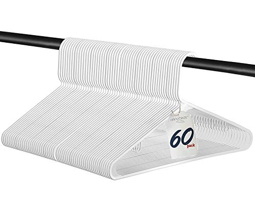 Hangorize 60 Standard Everyday White Plastic Hangers, Long Lasting Tubular Clothes Hangers, Value