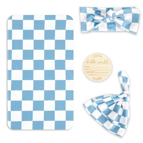 Image of TANOFAR 4-Pack Newborn Swaddle Blanket for Baby Girls & Boys, Ultra Soft Receiving Blankets with Matching Headband and Beanie Set Baby Nursery Swaddle Wrap (Blue Checkerboard)
