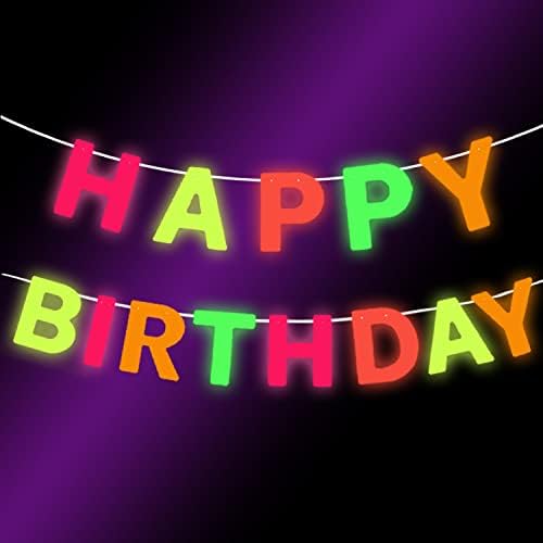 UV Neon Party Happy Birthday Banner Paper Letters Glow in the Dark Glow Party Supplies and Decorations Glow in the Dark Blacklight Reactive Fluorescent Black Light Neon Party Supplies for Birthday