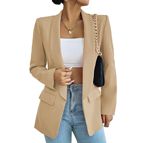 Damen Blazer Langer Casual Open Front Blazer Arbeit Büro Jacken mit Taschen Khaki M