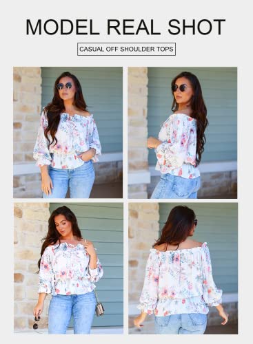 BLENCOT Summer Sexy Off Shoulder Tops for Women Boho Ruffle Sleeve Floral Chiffon Shirts Blouses3