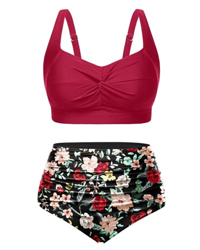 Tempt Me Women Plus Size High Waisted Bikini Set Two Piece Swimsuit Tummy Control Bathing Suits Red and Floral 16 Plus