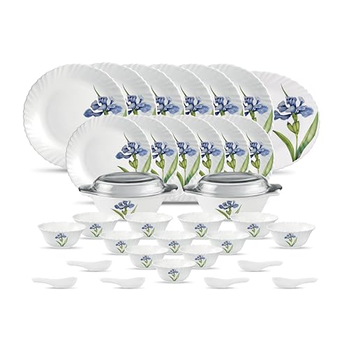 Image of La Opala Diva Classique Collection Opal Glass Crockery | for Family of 6 | Dinner Set 35 pcs Royal Iris | Plates & Bowls for Dining | Microwave Safe | 100% Vegetarian | Extra Strong | White