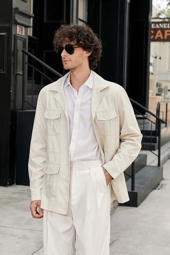 Betusline Men's Safari Linen Jacket,Military Cargo Jacket with Pockets3