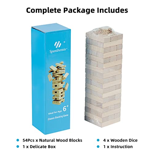 Speedarmis Mini Tumble Tower, 54Pcs Wooden Stacking Game For Kids Teens - Pine Stack Timber Board Game With 4 Dice Set #TOP4