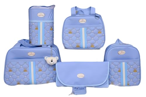 Kit Bolsa Maternidade, Mochila com Chaveiro de Ursinho, Bolsa Térmica, Trocador Impermeável, 5 Peças (Azul Celeste)