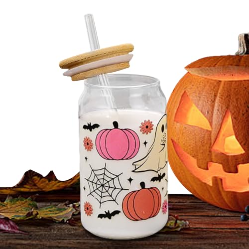 Halloween Cups with Lids and Straws - 400ml Pumpkin and Ghost Glass Tumblers, Cute Mugs for Kids, Teens, Women, Adults, Iced Cof