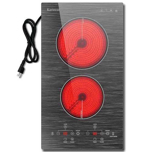 Image of Karinear 2 Burner Electric Cooktop 110V, 12 Inch Countertop & Built-in Electric Stove Top, Plug-in Ceramic Cooktop with Child Safety Lock, Timer, Pause, Smooth Glass Surface with Beautiful Pattern(A)