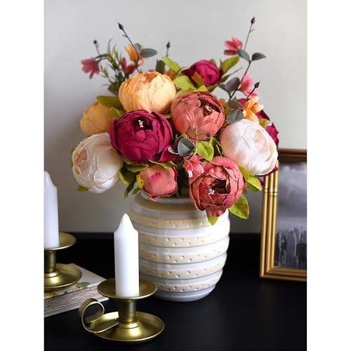 Image of FiveSeasonStuff Sunset Whisper Artificial Peony & Hydrangea Bouquets, 2 Silk Flower Bundles with 2 Gold Taper Candle Holders, Cream Apricot & Berry Red Centerpiece for Home & Wedding Tables