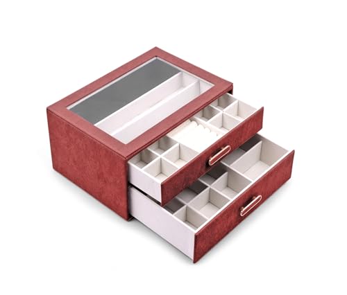 Image of BucketList Premium PU Leather Jewellery Organizer Box with Glass Lid | 2 Pull-Out Drawers Multi-Compartment Storage for Rings, Earrings, Necklaces & Bracelets (2-Layer Jewelry Box (Red))