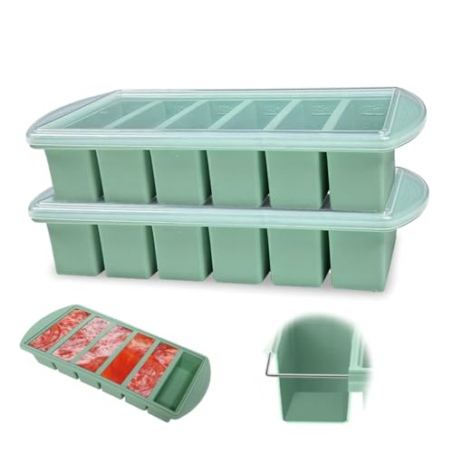 WRQIOO 2 Stück Suppe Einfrieren Behälter 6 Löcher Souper Cube Silikon Gefrierform mit Deckel Su-ppe Suppen Gefrierbehälter Extra Große Eiswürfelbecher für Einfrieren Sup-pe Ice Cube Brühe