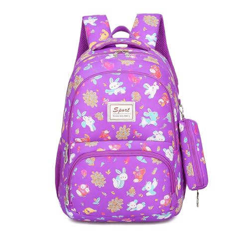 Mochila Escolar Infantil Feminina Grande Impermeável Estampada Com Estojo, Vários Compartimentos, Alças Ajustáveis, Zíper Duplo, Costas Acolchoadas, Para Notebook e Material Escolar (Roxo)