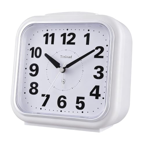 Image of Tinload 5.5 inch Large No Ticking Analog Alarm Clock,Silent Readable for Seniors,Easy to Set,Gradual Rise Alarm,Big Numbers,Gentle Wake,Snooze, Lighted on Demand,Battery Operated,White