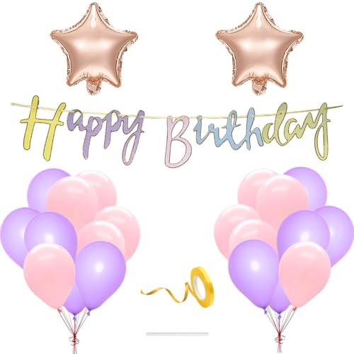 Image of Flyloons Happy Birthday Decoration Kit Pink Purple White for Baby Boys Girls Kids Twins Men Women With 20 Pcs Pastel Balloons Birthday Banner 2 Pcs Star Items Set