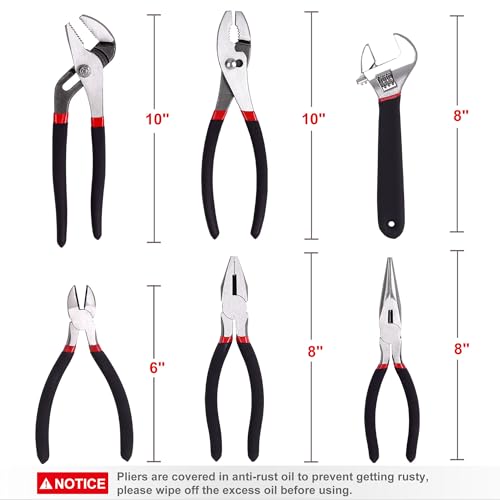 Image of FASTPRO 6-Piece Large Pliers and Wrench Set, Includes 10 inch Groove Joint, 10 inch Slip Joint, 8 inch Linesman, 8 inch Long Nose, 6 inch Diagonal Pliers and 8 inch Adjustable Wrench