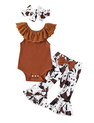 Puseky Cow Print Bell Bottoms Outfits 0-3 Months Newborn Infant Baby Girl Lace Collar Romper Bodysuit Flared Pants Summer Clothes Brown #TOP18