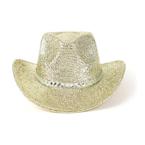 Image of Women Cowboy Hat Western Style Glitter Party Costume Hat | Shimmery Finish, Adjustable Strap Inside, Western Birthday Party, Music Festival and Concerts, Cowboy Costumes Accessories