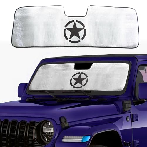BESTAOO Windshield Sun Shade for Jeep Wrangler JL 2/4 Door, Front Window Sun Sunshade Windshield for 2024 2025 Jeep Wrangler 4XE, Front Window Sun Visor Blocks for UV and Heat, Silver, Star, 1pc