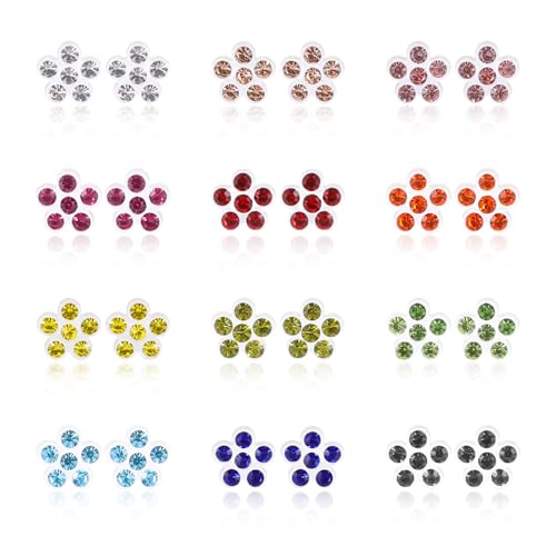 Plastic Post Metal Free Stud Earrings for Sensitive Ears Multi Colored Birthstone CZ Round Flower Stud Earrings Set for Women3