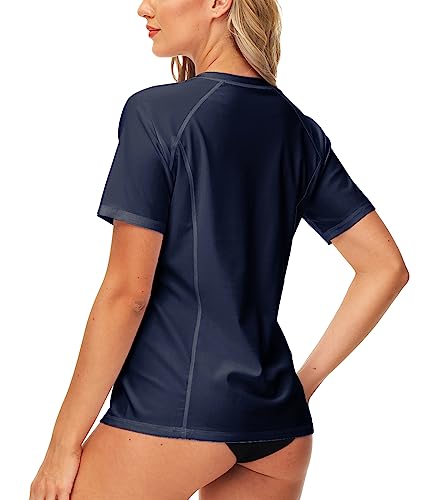 Image of AOBUTE Women Zip Rash Guard UPF 50+ Gradient Short Sleeve Swim Top Surf Shirts