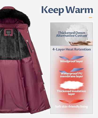CREATMO US Women's Long Winter Coat Warm Waterproof Puffer Jacket Snow Quilted Bubble Parka with Hood3