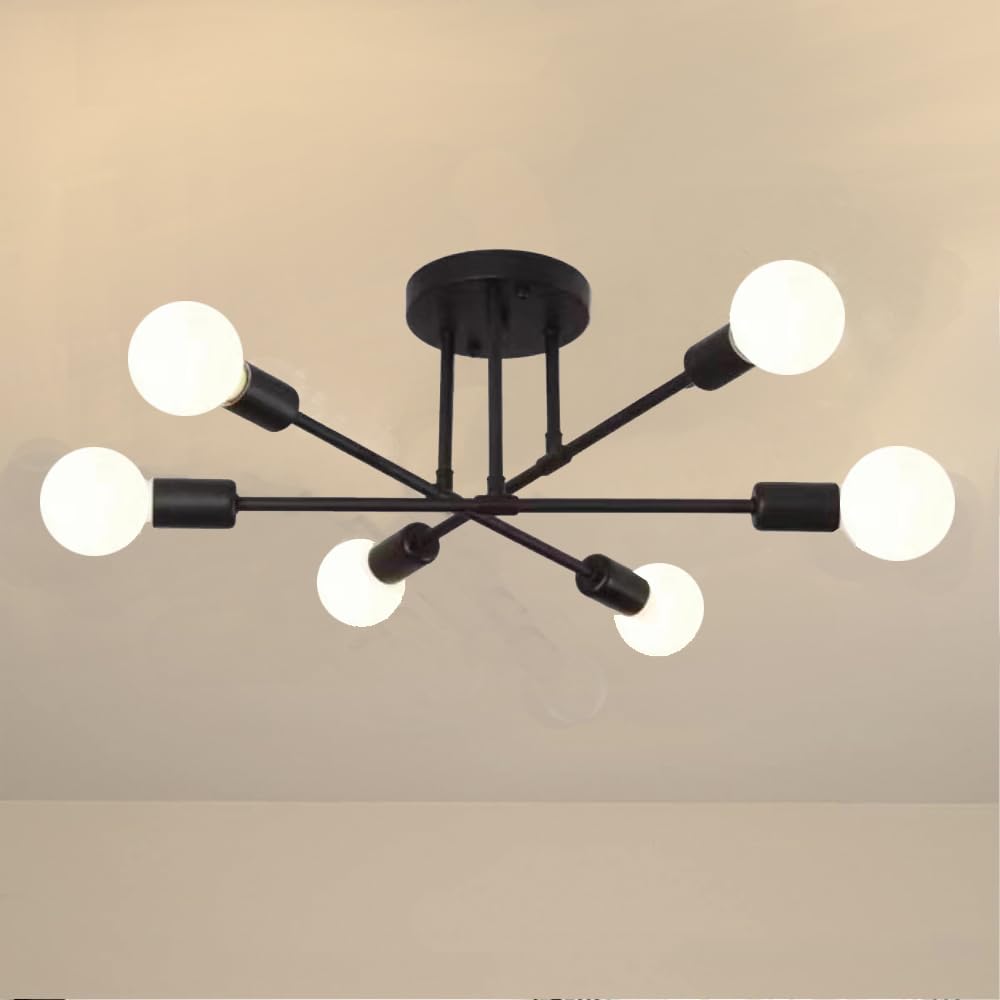 Modern Sputnik Chandelier 6-Light Semi Flush Mount Ceiling Pendant Lighting Golden Industrial Pendant Light Fixture for Living Room