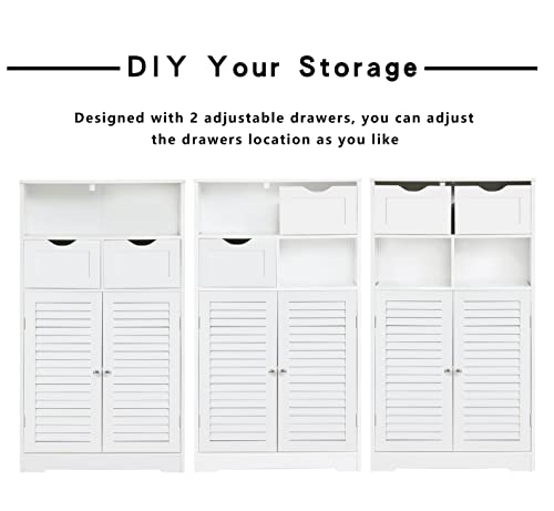 Weenfon Bathroom Cabinet, Storage Cabinet With 2 Drawers & 2 Shutter Doors, Free Standing Floor Cabinet With Adjustable Shelf, For Living Room, Hallway, Home Office, White #TOP6