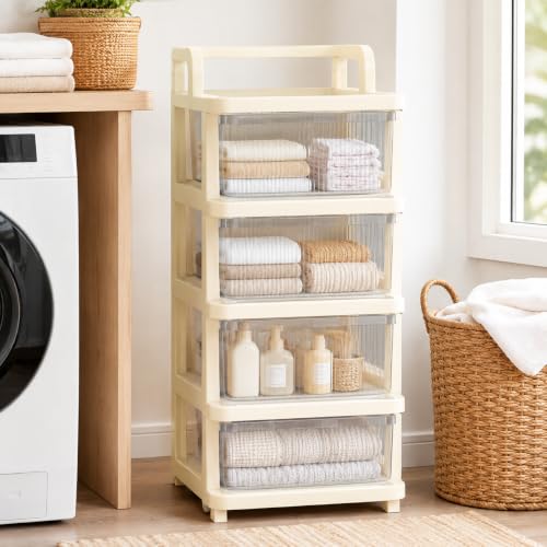 Image of Heavy Duty Plastic Storage Drawer with Wheels | Modular Cabinet for Bedroom, Office, Home or Classroom| Chest of Drawers Organiser for Cosmetics, Kitchen items, Toys (White Transparent, 4)
