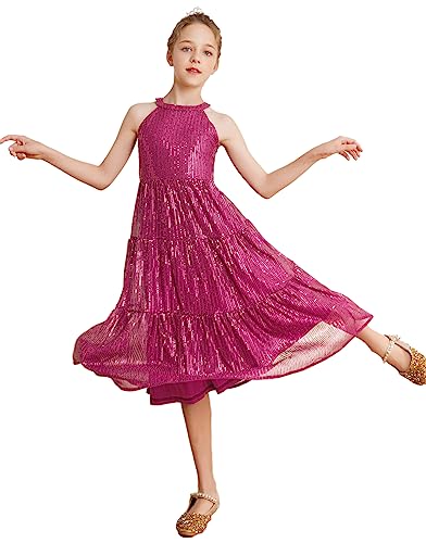 Mädchen Ärmellos Pailletten Kleid Casual A-Linie Maxikleid Party Festlich...