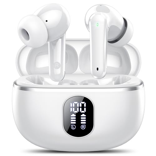 Auriculares Inalámbricos Bluetooth, Auriculares Bluetooth 5.4, 4 HD Mic con Reducción de Ruido ENC, 50H con HiFi Graves, Cascos Inalambricos Bluetooth Deportivos IP7 Impermeable, Ajuste Cómodo Blanco