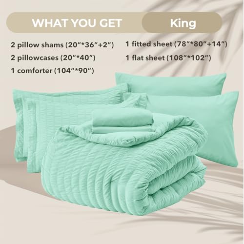 Image of HYMOKEGE Mint Green King Size Comforter Set Seersucker 7 Pieces, All Season Luxury Bed in a Bag for Bedroom, Bedding Set with Comforter, Sheets, Pillowcases & Shams