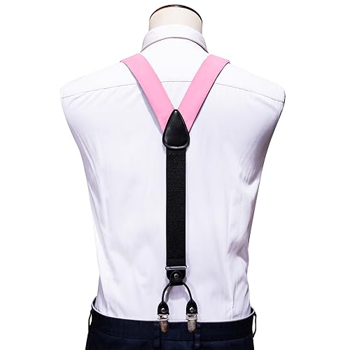 Image of Barry.Wang Men Suspender Set with Necktie Elastic Y Type Heavy Duty 6 Clips Braces Tie Handkerchief Cufflink Pin 6PCS