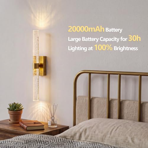 Image of Battery Operated Wall Sconces Set of 2, 20000mAh Rechargeable Wall Light | Remote Control,3000K-6000K Dimmable LED Wireless Sconces,Gold,20.9 Inch