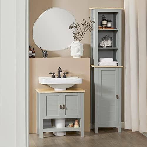 SoBuy BZR68-HG Słupek Szafka Łazienkowa Półka Loftowa Stojąca Kredens Szary 30 x 39 x 169 cm