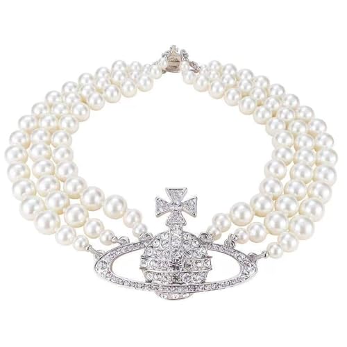 Saturn Pearl Necklace White Pearl Choker Necklace for Women Crystal Rhinestone Planet Necklace Gifts for Mum Wife Girlfriend Wedding Birthday Anniversary