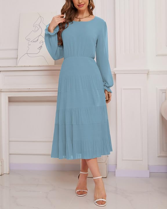 Image of CYiNu Women's Midi Dresses Long Sleeve Crew Neck Flowy Casual Floral Boho Tiered Chiffon Smocked Elegant Dress