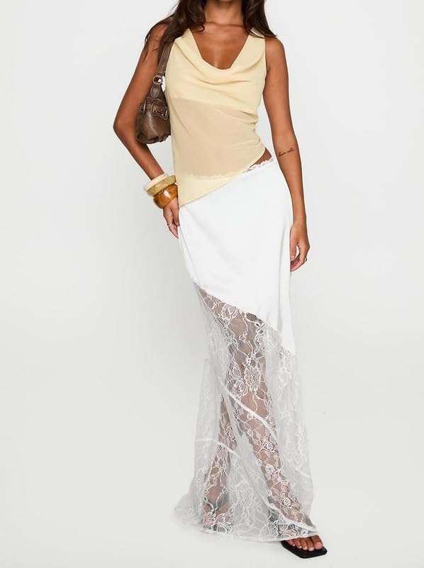 Women Silk Satin Half Slip Long Skirts Lace Trim Asymmetrical Maxi Skirt Elegant Silky Flowy A Line Midi Skirts - Image 4