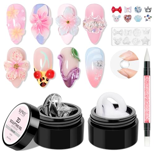 SUPWEE 3D Gel Nail Art für Nägel Multifunktionales Non-Sticky Solid Builder Gel mit Silikonform Silikonstift Weiß Klar Sculpting Feste 3D Nail Art Modellierung DIY Salon 15g