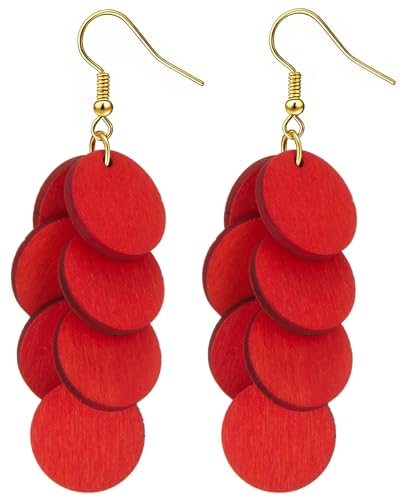 Bohemian Wooden Layered Disc Dangle Earrings Boho Style Round Drop Earrings for Women Lightweight Statement Jewelry for Daily Wear & Party (Red)