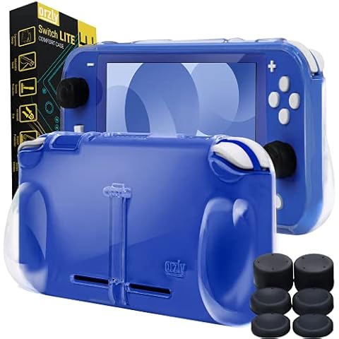 Orzly Grip Case for Nintendo Switch Lite - Case with Comfort Padded Hand Grips, Kickstand, & Pack of Thumb Grips - Transparent/Clear Cover