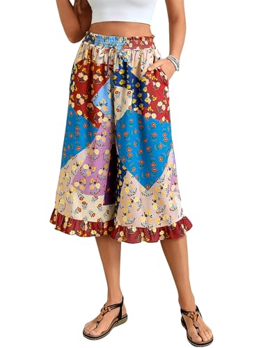 Image of Womens Wide Leg Palazzo Capri Pants Fun Vintage Print Flowy Cropped Capris