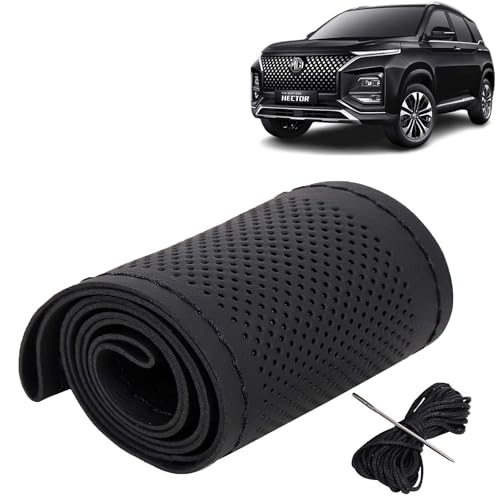 Image of KINGSWAY PU Leatherite Car Steering Cover Sewable Compatible with Morris Garages (MG) Gloster (Year 2020 Onwards), Black Color with Black Thread, Pack of 1 with Sewing Needle and Thread